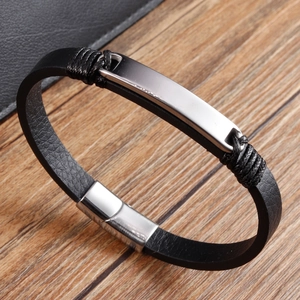 Bracelet pour homme en cuir tressé double couche avec plaque en métal gravable et fermoir magnétique