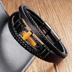 Bracciale da Uomo in Vera Pelle Acciaio Inossidabile 316L con Croce Pietra Occhio di Tigre Intrecciato Chiusura Magnetica