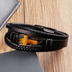 Bracciale da uomo in pelle intrecciata a doppio strato con croce in pietra e chiusura magnetica