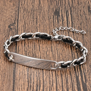 Men's double-layer braided leather bracelet with stainless steel chain and metal plate