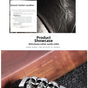 Detail showing high-quality Italian cowhide leather texture and skull design on bracelet