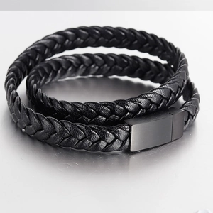 Men Braided Genuine Leather Bracelet Titanium Steel Double Layer Magnetic Clasp Casual Minimalist Industrial Style Jewelry Wristband Gift