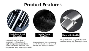 Macro details of premium cowhide leather texture and durable stainless steel magnetic clasp