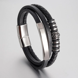 Men Retro Braided Genuine Leather Bracelet Multi-layer Stainless Steel Magnetic Clasp Punk Style Fashion Hand Jewelry Wristband