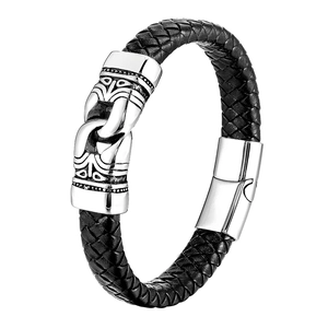 Men's Stainless Steel Braided Black Leather Bracelet Tribal Totem Metal Clasp Nordic Vintage Biker Jewelry For Men Gift