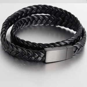Men's double-layered black braided leather bracelet with brushed metal magnetic clasp