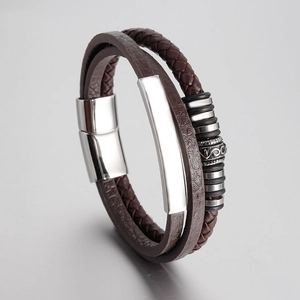 Handmade brown multi-layer braided leather bracelet with silver steel plate and magnetic clasp