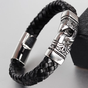 Men's black braided leather bracelet with vintage engraved stainless steel magnetic clasp