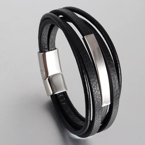Men's Multi-Layer Braided Leather Bracelet With Stainless Steel Magnetic Clasp Titanium Steel Industrial Hand Jewelry