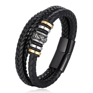 Bracelet multicouche en cuir tressé noir pour homme avec perle vintage et fermoir magnétique