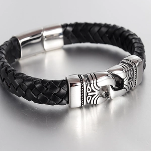 Men's black braided leather bracelet with vintage silver engraved magnetic clasp