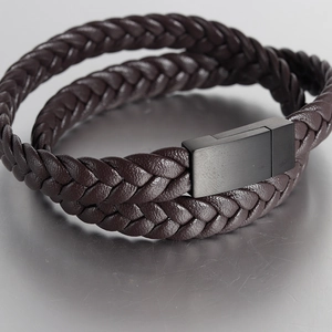 Double-layered dark brown braided genuine leather bracelet with black magnetic metal clasp