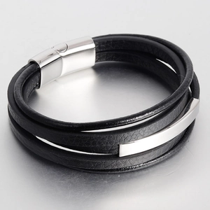 Men's multilayer black braided leather bracelet with stainless steel magnetic clasp