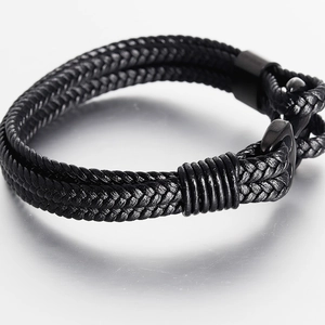 Men's double-row black woven leather bracelet with matte black stainless steel anchor clasp