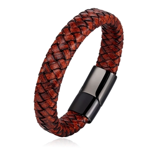 Men's woven red-brown leather bracelet with a black magnetic stainless steel clasp