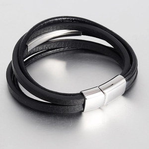 Multi-layer black braided leather bracelet for men with silver magnetic steel clasp