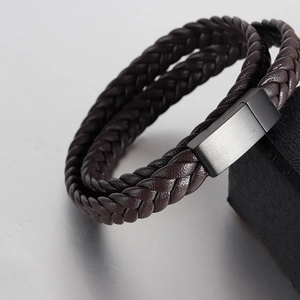 Men's double-layered braided leather bracelet with black matte magnetic stainless steel clasp