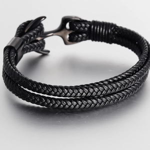 Men's double-layered black woven leather bracelet with matte black stainless steel anchor clasp