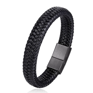 Men's braided black leather bracelet with magnetic brushed metal clasp on white background