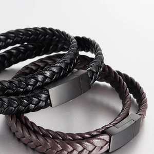 Men's double-layer braided leather bracelet with black magnetic clasp in black and brown