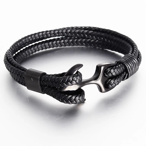 Men's black multilayer braided leather bracelet with matte black stainless steel anchor clasp