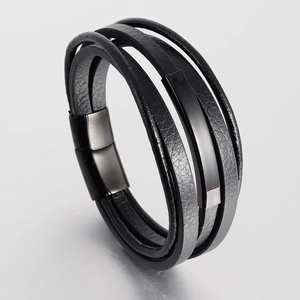 Men's multilayer black braided leather bracelet with dark grey metal magnetic clasp