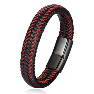 Men's braided leather bracelet with black and red woven cord and magnetic clasp
