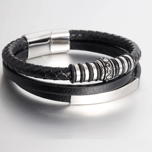 Men's multilayered black braided leather bracelet with stainless steel magnetic clasp
