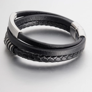 Men's multilayer black braided leather bracelet with stainless steel clasp from 45-degree angle