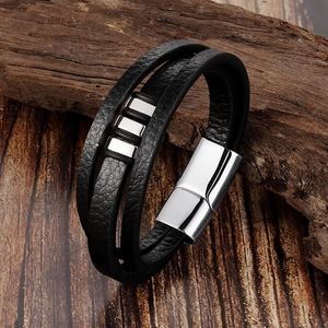 Bracelet Tressé en Cuir Multicouche pour Hommes Acier Inoxydable Fermoir Magnétique Bijoux Cadeau Décontracté