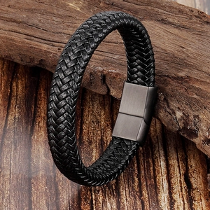 Men Unisex Braided Leather Bracelet Stainless Steel Magnetic Clasp Woven Wristband Punk Fashion Bangle Jewelry Accessories