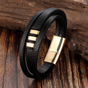 Bracelet multicouche pour homme en cuir tressé noir avec fermoir magnétique doré