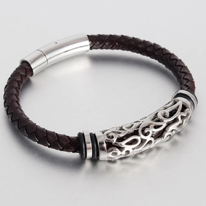 Mens vintage brown braided leather bracelet with engraved silver metal tube and magnetic clasp