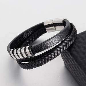 Men's multilayer black braided leather bracelet with silver magnetic buckle and metal rings