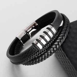 Vintage Men Multi-layer Braided Leather Bracelet With Titanium Steel Magnetic Buckle Minimalist Fashion Jewelry Wristband Gift