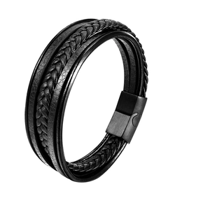 Men's multi-layer woven black leather bracelet with matte metal magnetic clasp