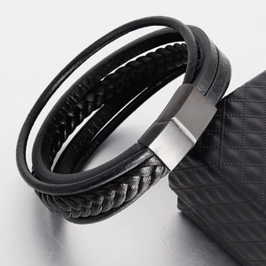 Vintage Multi-Layer Braided Leather Bracelet For Men Stainless Steel Magnetic Clasp Handcrafted Cuff Bangle Punk Style Jewelry