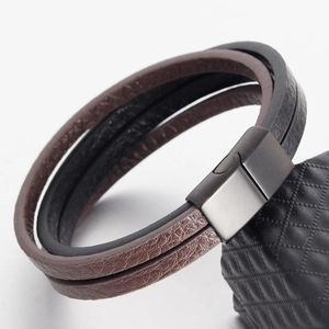 Bracelet Homme en Acier Inoxydable Cuir Véritable Tressé Bracelet Multicouche Avec Fermoir Magnétique Bijou Tendance Minimaliste