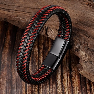 Men Braided Leather Bracelet 316L Stainless Steel Magnetic Clasp Handwoven Black Red Contrast Jewelry Bangle Gift For Men