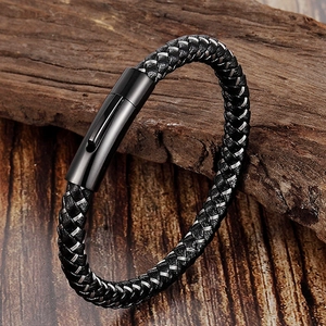 Bracelet Tissé en Cuir Acier Inoxydable Homme Fermoir Magnétique Acier Titane Bijoux de Main Style Punk Cadeau
