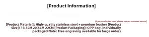 Size specifications for braided leather and stainless steel bracelet in 18.5cm, 20.5cm, 22cm