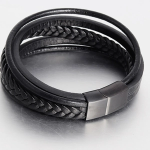 Handmade multilayer black leather bracelet for men with brushed magnetic clasp