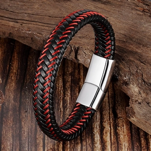 Braided leather bracelet for men with red and black weaving and polished steel clasp