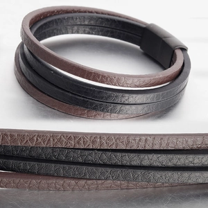Bracelet multicouche en cuir véritable pour homme avec fermoir magnétique en métal noir