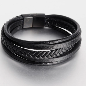Multi-layer black braided leather bracelet for men with a matte magnetic clasp