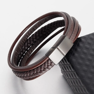 Men's multilayer braided leather bracelet with a brushed metal magnetic clasp in brown