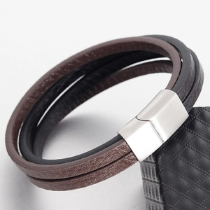 Bracelet double en cuir tressé pour homme avec fermoir magnétique en acier inoxydable