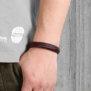 Men's woven genuine leather bracelet in black and red with stainless steel clasp
