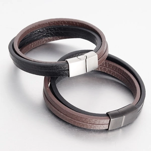 Bracelet double en cuir tressé marron et noir pour homme avec fermoir magnétique en acier