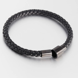 Minimalist black braided leather bracelet for men featuring a magnetic metal clasp